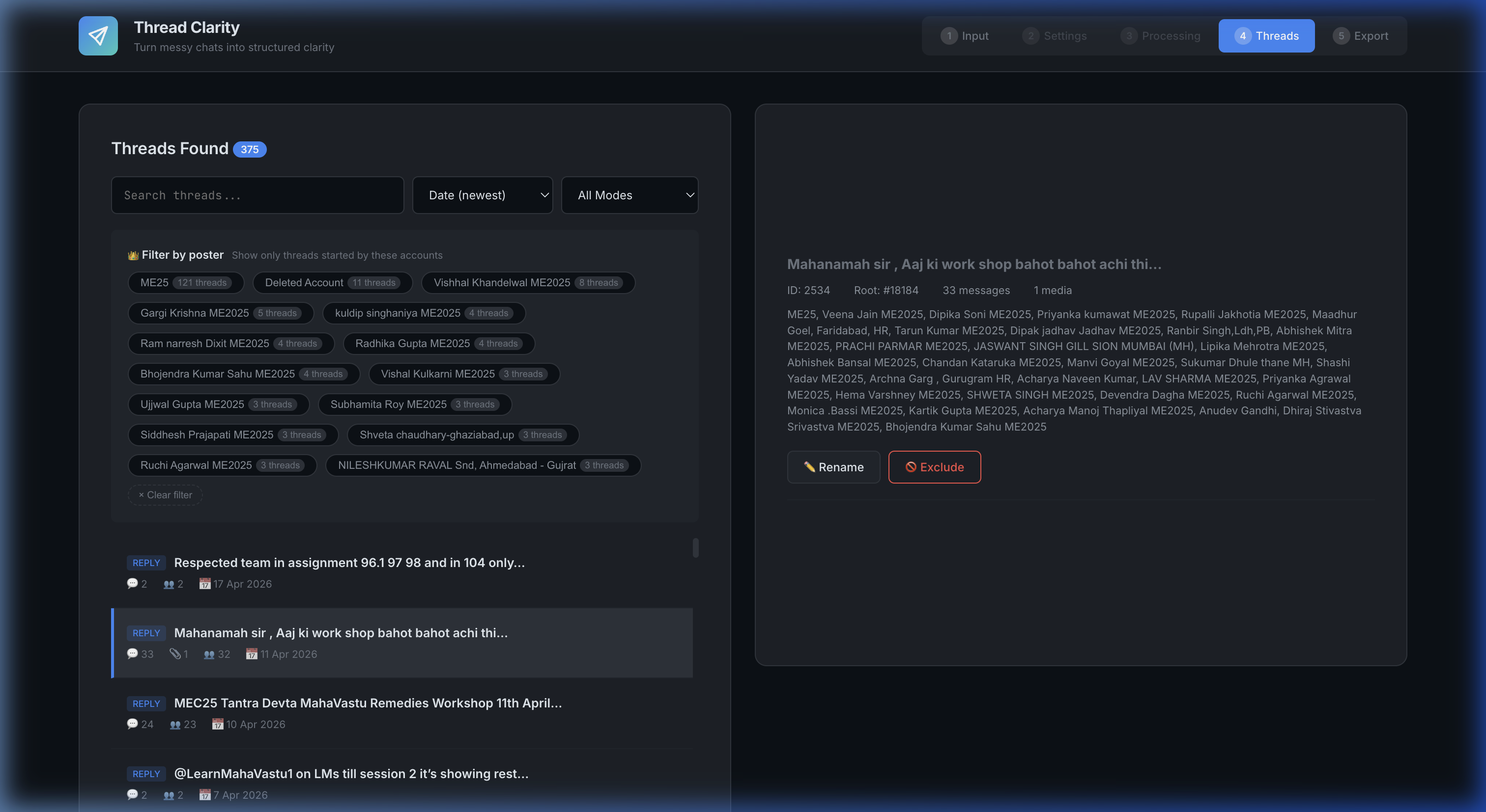 ThreadClarity thread viewer showing 375 detected threads with search, filtering, and participant details