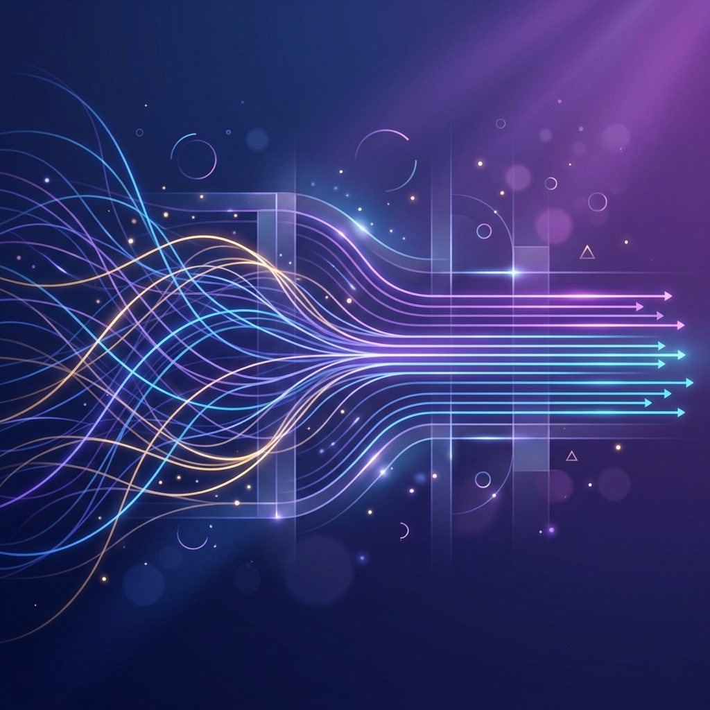 Abstract visualization of conversation threads being organized